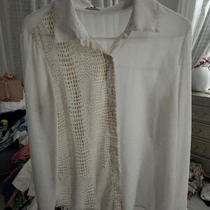 Cream Long Sleeve Asymmetrical Button Down Shirt
